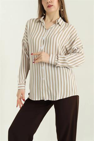 Çizgi Desen Pamuk Viskon Gömlek  Krem