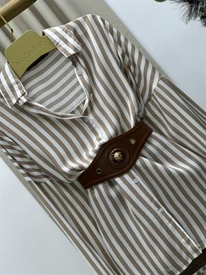 Çizgi Desen Pamuk Viskon Gömlek  Krem