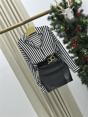 Çizgi Desen Pamuk Viskon Gömlek  Siyah