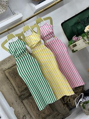 Çizgi Desen Yırtmaç Detay Astarlı Etek Crop İkili Takım