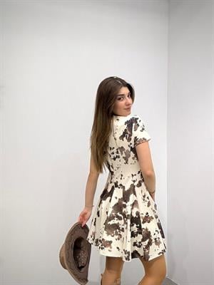 Crep Dokuma Kumaş Alaca Desen Tasarım Kloş Elbise