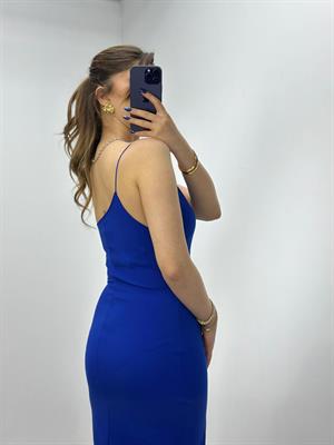 Crep Dokuma Kumaş Asimetrik Kesim Kalem Elbisemiz Saks