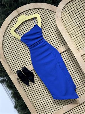 Crep Dokuma Kumaş Asimetrik Kesim Kalem Elbisemiz Saks