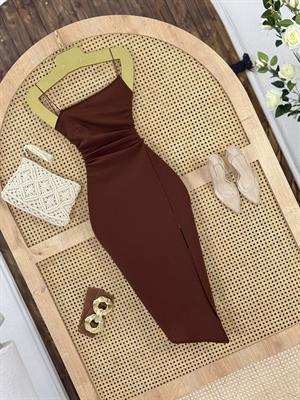 Crep Dokuma Kumaş Asimetrik Kesim Kalem Elbisemiz  Kahverengi