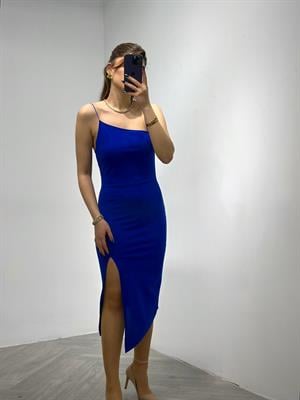 Crep Dokuma Kumaş Asimetrik Kesim Kalem Elbisemiz Saks