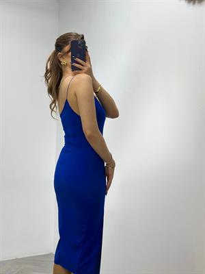 Crep Dokuma Kumaş Asimetrik Kesim Kalem Elbisemiz Saks