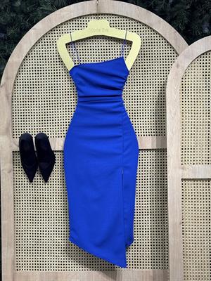 Crep Dokuma Kumaş Asimetrik Kesim Kalem Elbisemiz Saks