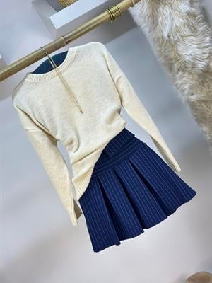 Crep Dokuma Kumaş Bel Detay Pileli Fermuarsız Etek 