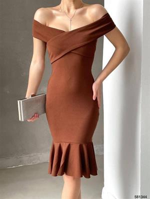 Crep Dokuma Kumaş Çapraz Yaka Full Likralı Eteği Volanlı Elbise