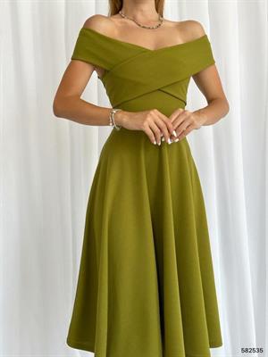 Crep Dokuma Kumaş Çapraz Yaka Midi Boy Elbise