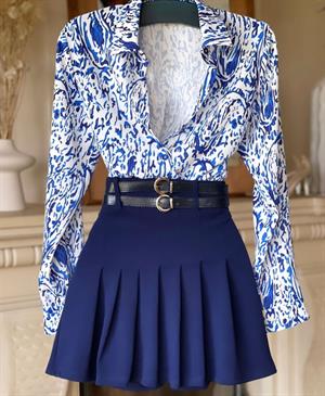 Crep Dokuma Kumaş Çift Kemerli Pileli Mini Etek