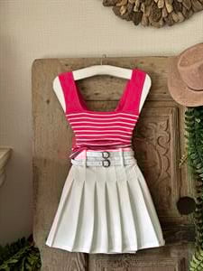 Crep Dokuma Kumaş Çift Kemerli Pileli Mini Etek