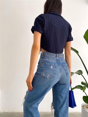 Crep Dokuma Kumaş Çizgi Desen Zincir Detay Kısa Ceket 