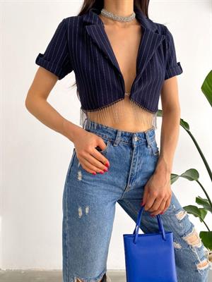 Crep Dokuma Kumaş Çizgi Desen Zincir Detay Kısa Ceket 