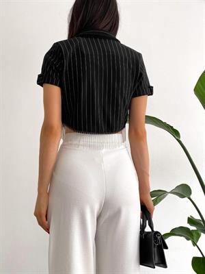 Crep Dokuma Kumaş Çizgi Desenli Zincir Detay Kısa Ceket