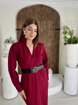 Crep Dokuma Kumaş Dik Yaka Kemerli Cepli Kalem Elbise Bordo