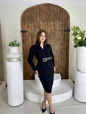 Crep Dokuma Kumaş Dik Yaka Kemerli Cepli Kalem Elbise Siyah