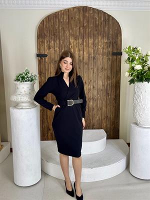 Crep Dokuma Kumaş Dik Yaka Kemerli Cepli Kalem Elbise Siyah