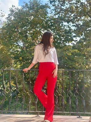 Crep Dokuma Kumaş Full likralı Çimalı İspanyol Paça Pantolon Kırmızı