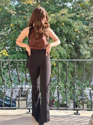 Crep Dokuma Kumaş Full likralı Çimalı İspanyol Paça Pantolon Siyah