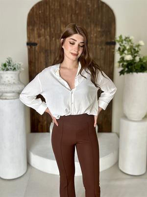 Crep Dokuma Kumaş Full likralı Çimalı İspanyol Paça Pantolon Kahverengi