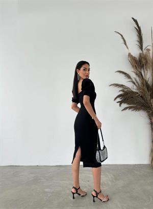 Crep Dokuma Kumaş Kalp Yaka Kalem Elbisemiz