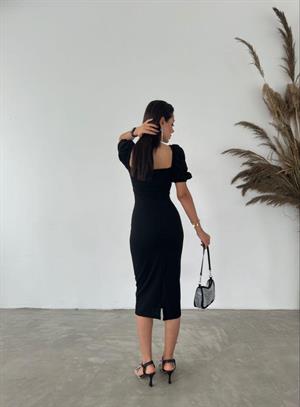 Crep Dokuma Kumaş Kalp Yaka Kalem Elbisemiz