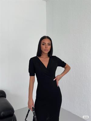 Crep Dokuma Kumaş Kruvaze Yaka Balon Kol Kalem Elbisemiz