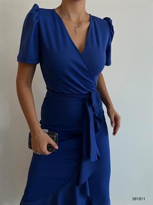 Crep Dokuma Kumaş Kruvaze Yaka Volan Detaylı Midi Boy Elbise