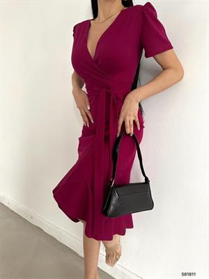 Crep Dokuma Kumaş Kruvaze Yaka Volan Detaylı Midi Boy Elbise