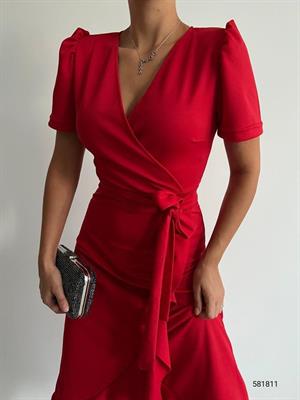 Crep Dokuma Kumaş Kruvaze Yaka Volan Detaylı Midi Boy Elbise