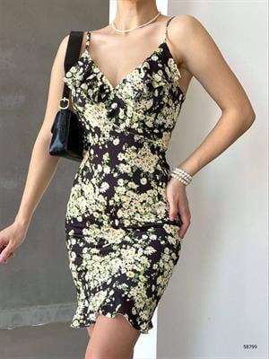 Crep Dokuma Kumaş Papatya Desenli Askılı Volan Detay Tasarım Elbise