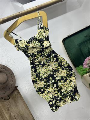 Crep Dokuma Kumaş Papatya Desenli Askılı Volan Detay Tasarım Elbise