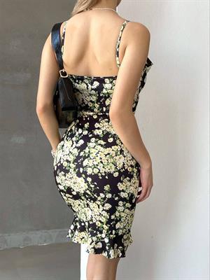 Crep Dokuma Kumaş Papatya Desenli Askılı Volan Detay Tasarım Elbise