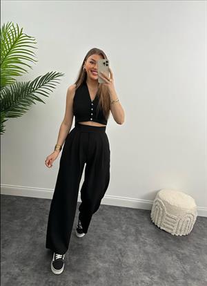 Crep Dokuma Kumaş Pileli Cırtlı Pantolon