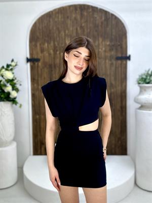 Crep Dokuma Kumaş Vatkalı Bel Dekolteli Elbise Siyah 