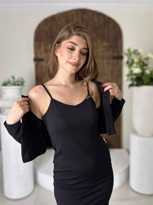 Crep Kumaş Askılı Elbise Düğme Detay Hırka İkili Takım Siyah