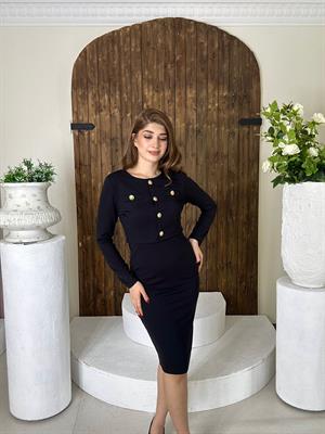 Crep Kumaş Askılı Elbise Düğme Detay Hırka İkili Takım Siyah