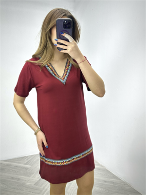 Crep Kumaş Etnik Desen Şeritli V Yaka Rahat Elbise Bordo