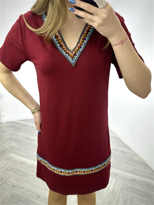 Crep Kumaş Etnik Desen Şeritli V Yaka Rahat Elbise Bordo
