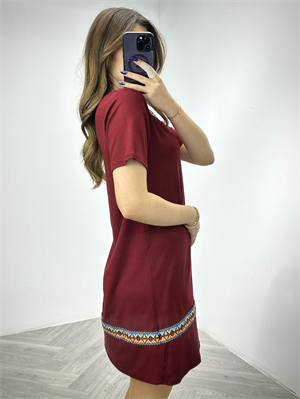 Crep Kumaş Etnik Desen Şeritli V Yaka Rahat Elbise Bordo