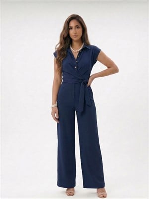 Crep Kumaş Gömlek Yaka Bağlama Detay Tulum Lacivert 