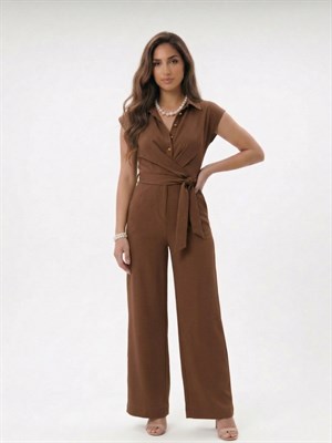 Crep Kumaş Gömlek Yaka Bağlama Detay Tulum Kahverengi