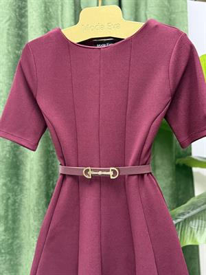 Crep Kumaş Kısa Kol Eteği Kloş Parça Dikişli Elbise Bordo