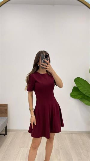 Crep Kumaş Kısa Kol Eteği Kloş Parça Dikişli Elbise Bordo