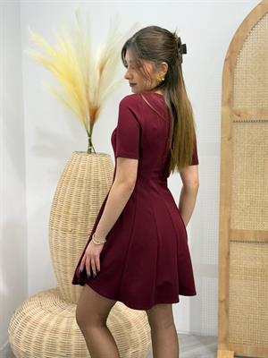 Crep Kumaş Kısa Kol Eteği Kloş Parça Dikişli Elbise Bordo