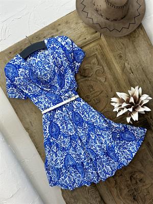 Crep Kumaş Kruvaze Yaka Kısa Kol Kloş Elbise