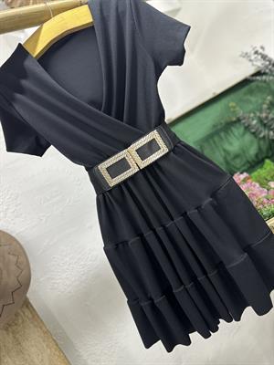 Crep Kumaş Kruvaze Yaka Kısa Kol Kloş Elbise