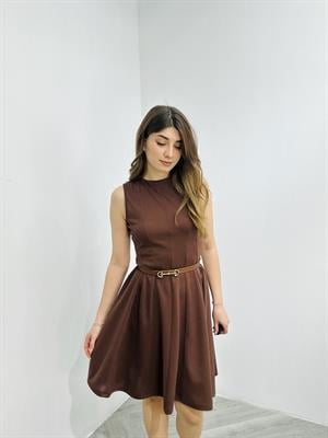 Crep Kumaş Parça Dikişli Kolsuz Kloş Elbise Kahverengi