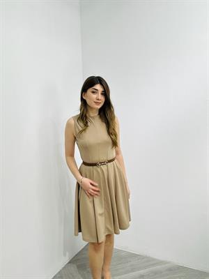 Crep Kumaş Parça Dikişli Kolsuz Kloş Elbise Krem